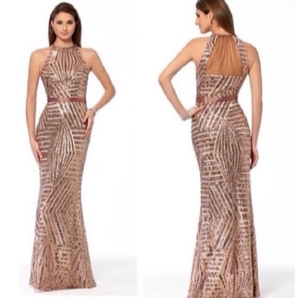 Cache Dresses & Skirts - Cache Rose Gold Sequin Halter Formal Gown Sz 2